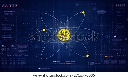 Futuristic atomic particle core with digital HUD data display. Advanced AI quantum computing concept for science research, high-tech engineering, and deep learning analytics. 3D Rendering
