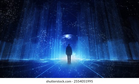 Futuristic augmented digital artificial intelligence city with people silhouette and technology network illustration. 