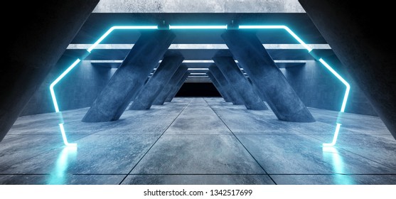 Futuristic Background Grunge Columns Concrete Bright Underground Garage Hall Gallery Tunnel Alien Corridor Neon Glowing Sci Fi Door Shaped White Blue Purple Line Lasers 3D Rendering Illustration