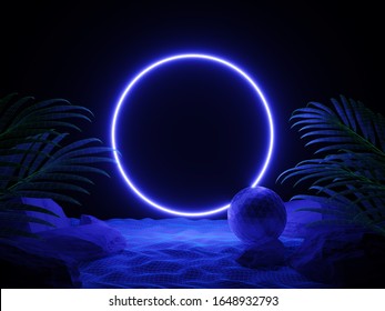 Futuristic background  night beach with tropical leaves and neon circle light. Cyberpunk poster. Night party banner. Party invitation. Promotion template. 3d illustration. 3d render. - Powered by Shutterstock