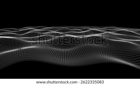 Futuristic background wavy lines from dots in dark cyberspace. Big data. Digital technology concept data analysis. Abstract waves with white particles DOF. 