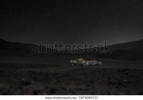 Futuristic base station in a space\
desert landscape under a starry night sky, 3d illustration.\
Martian, lunar or extraterrestrial human colony and research\
habitat.