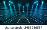 Futuristic basketball arena at night with shining spotlights and thrilling atmosphere before sport event. Basketball court illustration as sport background for advertising.