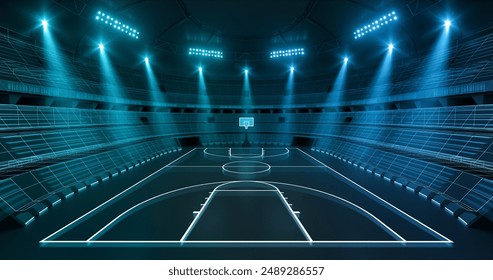 Futuristic basketball arena at night with shining spotlights and thrilling atmosphere before sport event. Basketball court illustration as sport background for advertising. - Powered by Shutterstock