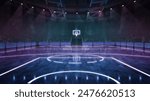 Futuristic basketball stadium, empty arena illuminated by neon spotlights with crowdy stages ready to watch final game. 3D render. Concept of sport, competition, championship, action and motion. Ad