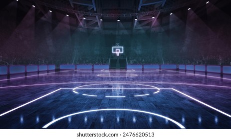 Futuristic basketball stadium, empty arena illuminated by neon spotlights with crowdy stages ready to watch final game. 3D render. Concept of sport, competition, championship, action and motion. Ad - Powered by Shutterstock