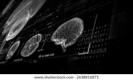 Futuristic biomedical concept featuring advanced holographic scanning technology performing detailed brain neuron pathology and diagnostic analysis. High-tech medical visualizing neural network