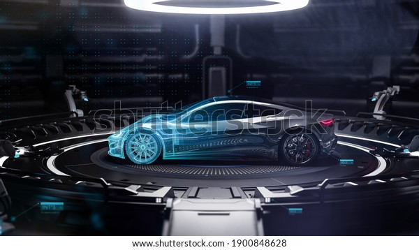 Futuristic black car in hi tech environment\
(3D\
Illustration)