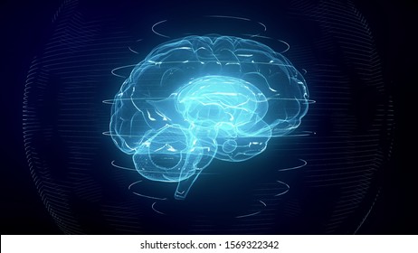 Futuristic Blue Digital Brain In Cyberspace. Neurons Firing In MRI Scan Of Artificial Intelligence Neural Network. Medical Research Of Brain Activity. Deep Learning, AI And Modern Technology 3D Render