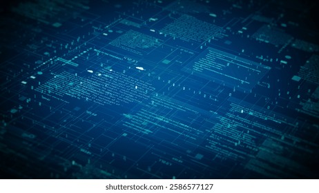 Futuristic blue digital data flow background with interconnected grids, text, and graphical elements for technology and innovation themes. Big data connection abstract background 3d rendering