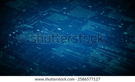 Futuristic blue digital data flow background with interconnected grids, text, and graphical elements for technology and innovation themes. Big data connection abstract background 3d rendering