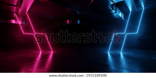 Futuristic Blue\
Purple Laser Sci Fi Hangar Neon Tunnel Corridor Garage Warehouse\
Glossy Concrete Floor Cement Asphalt On Dark Background Underground\
3D Rendering\
Illustration