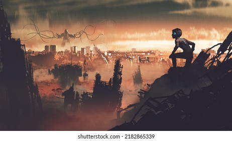 futuristic boy on the ruins looking at the distant giant that destroying the city, digital art style, illustration painting
