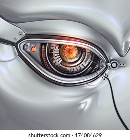 Futuristic bright cyber eye with computer digits shining closeup as a part of mechanical metal robot's face