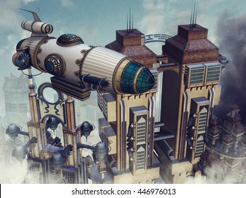 Futuristic buildings in the clouds and a colorful flying machine. 3D illustration.