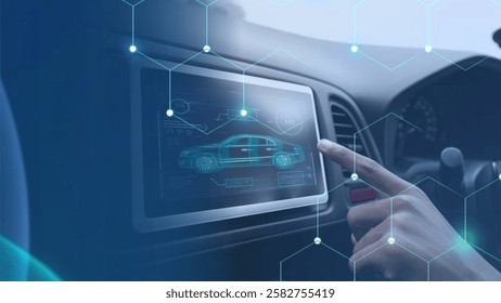 Futuristic car dashboard with digital interface. Touchscreen displays car data. Hand interacts with car dashboard. Digital interface in vehicle interior. futuristic digital background with copy space.