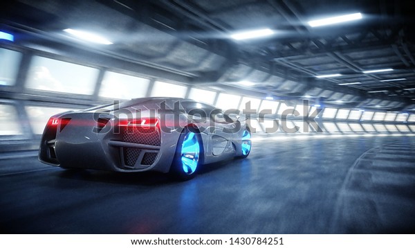 futuristic car fast driving in sci fi tunnel,\
coridor. Concept of future. 3d\
rendering.