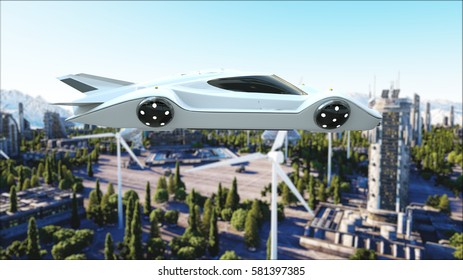 Futuristic Car Flying Over The City, Town. Transport Of The Future. Aerial View. 3d Rendering.