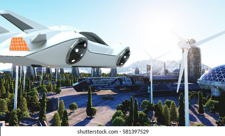 Futuristic Car Flying Over The City, Town. Transport Of The Future. Aerial View. 3d Rendering.