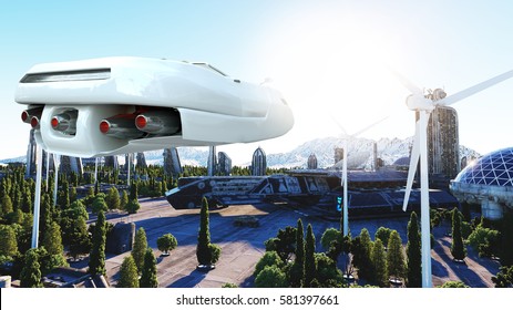 Futuristic Car Flying Over The City, Town. Transport Of The Future. Aerial View. 3d Rendering.