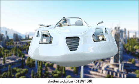 Futuristic Car Flying Over The City, Town. Transport Of The Future. Aerial View. 3d Rendering