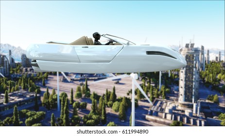 Futuristic Car Flying Over The City, Town. Transport Of The Future. Aerial View. 3d Rendering