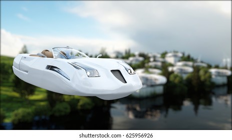 Futuristic Car Flying Over The City, Landscape. Transport Of The Future. Aerial View. 3d Rendering.