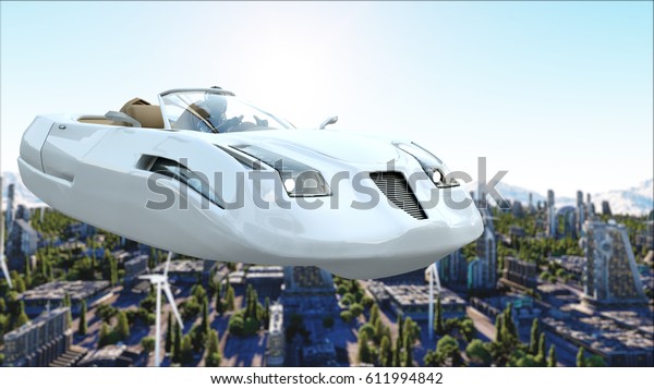 未来的な車が町の上を飛んでいる 未来の輸送 上空表示 3dレンダリング のイラスト素材 611994842