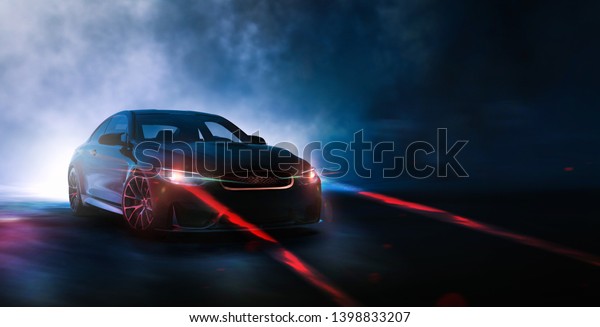 Futuristic car with laser safety lights -\
futuristic car concept - front view in outdoor studio  (with grunge\
and dust overlay) brand less - 3d\
illustration