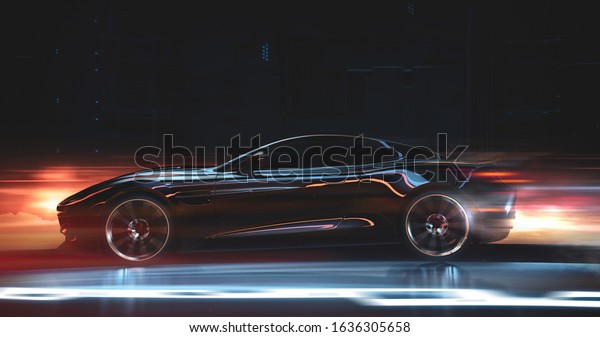Futuristic car in motion, with motion blur, side\
view - 3d illustration,\
render