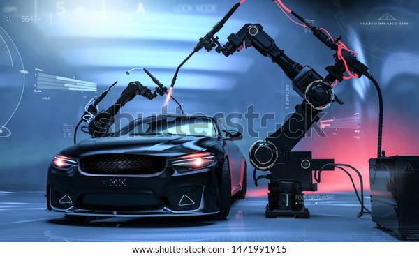 Futuristic Car Production/Detailing line -\
futuristic concept, with car sensors and laser welding robots\
(indoor studio, front view) - 3d\
illustration