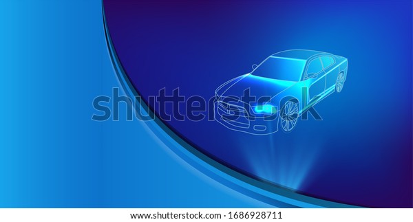 Futuristic car service, scanning and auto data\
analysis. Intelligent car banner. Futuristic isometric smart car\
and icons with machine\
benefits.