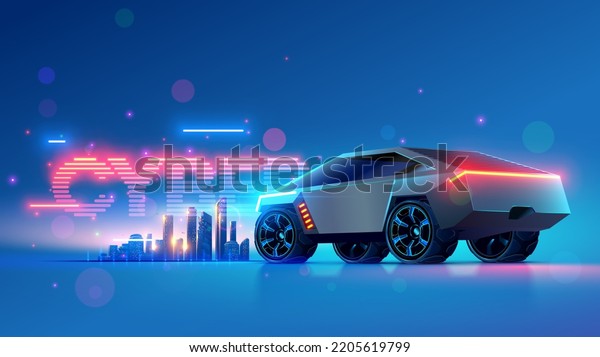 Futuristic car. Silver car stands against\
background of futuristic city. Sci-fi concept of autonomous smart\
automobile. Electric vehicle or transport. Conceptual Cyber car in\
fantastic cyberpunk\
style