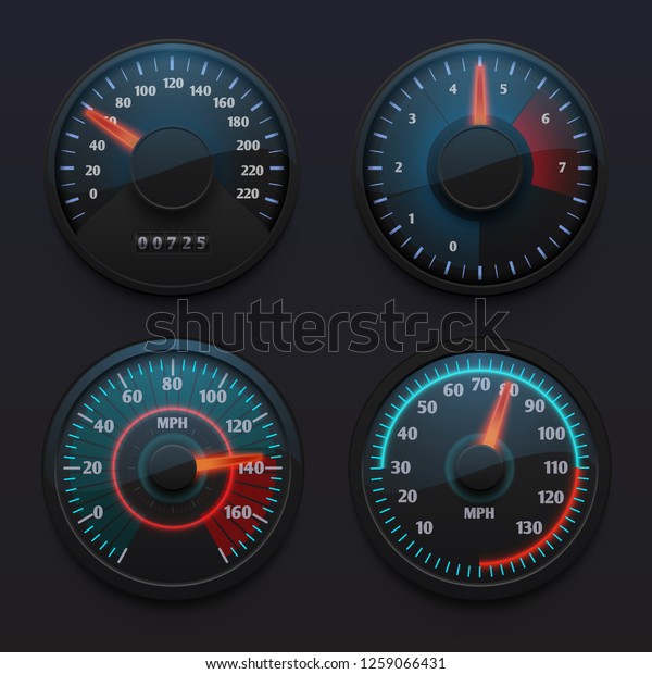 Futuristic car speedometers, speed\
indicators with pointer for vehicle dashboard isolated\
set