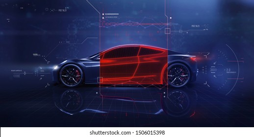 Futuristic Car Technology Concept Scene With User Interface Showing Cross Section And Vehicle Features (3d Illustration)