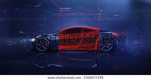 Futuristic\
car technology concept scene with user interface showing cross\
section and vehicle features (3d\
Illustration)