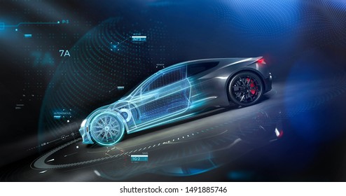 Futuristic car technology concept with wireframe intersection (3D illustration)