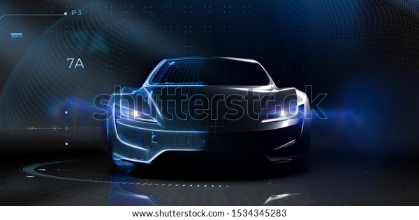 Futuristic car technology concept with\
wireframe intersection (3D\
illustration)