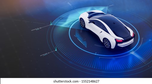 Futuristic car with technology user interface concept scene (3D Illustration)