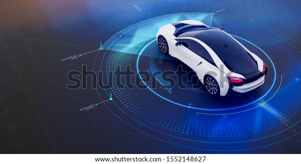 Futuristic car with technology user\
interface concept scene (3D\
Illustration)