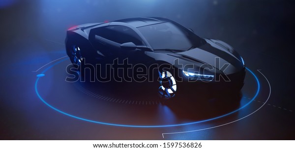Futuristic car with technology user\
interface in dark environment (3D\
Illustration)