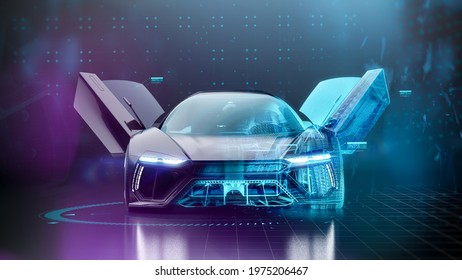 Futuristic Car With Wireframe Intersection And Doors Opened In Digital User Interface Environment (3D Illustration)