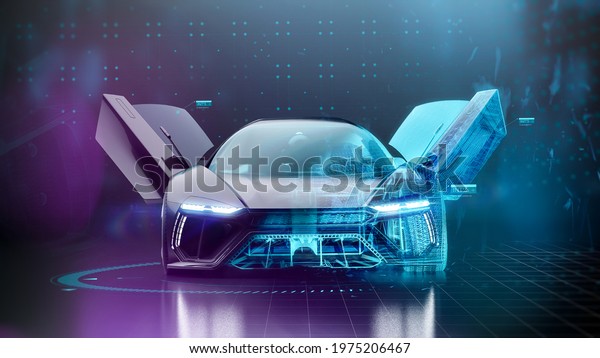 Futuristic car
with wireframe intersection and doors opened in digital user
interface environment (3D
Illustration)