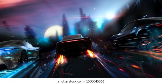 Futuristic Cars Racing In The City - Street Racer Concept (with Grunge Overlay) Brand-less - 3d Illustration