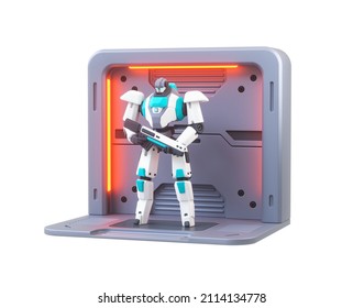 Futuristic Cartoon Robot With White Blue Color Armor With Gun In His Hands Stands Protecting The Entrance To Metal Sci-fi Gate With Orange Glow. Patrol Cyber Cop. 3d Render Isolated On White Backdrop