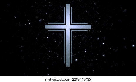 Futuristic Christian cross in ethereal sparkling silver black cyberspace. Concept 3d illustration crucifix. Religious sign for grief and funeral in a modern interpretation of spirituality and faith - Powered by Shutterstock