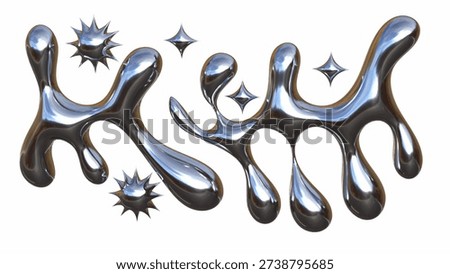 Futuristic Chrome 3D Abstract Silver Metallic Shapes Set with Holographic Y2K Liquid Metal Elements