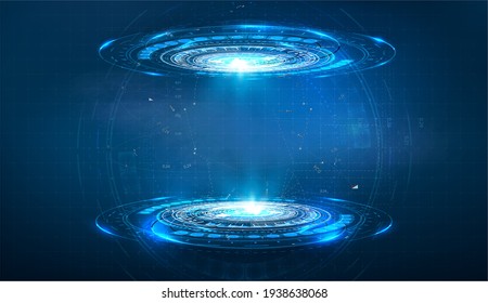 Futuristic Circle HUD, GUI, UI Interface Screen Design. Abstract Style On Blue Background. Blank Display, Stage Or Podium For Show Product In Futuristic Cyberpunk Style.Technology Demonstration