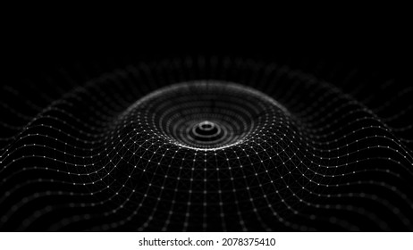 Futuristic Circle Wave. Dark Cyberspace. Abstract Music Sound Wave With Dots. White Moving Particles On A Black Background. 3d Rendering.