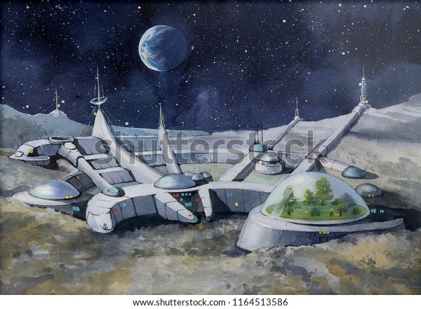 futuristic city, base, town on moon. The space\
view of the planet earth. expedition. Manned space exploration.\
Ilustration.\
Picture